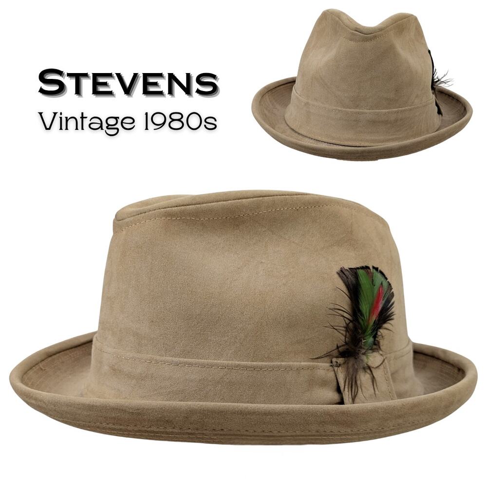Vintage Stevens Fedora Hat 7 1/4 Tan Suede Wool Felt Rolled Brim Feather 80s